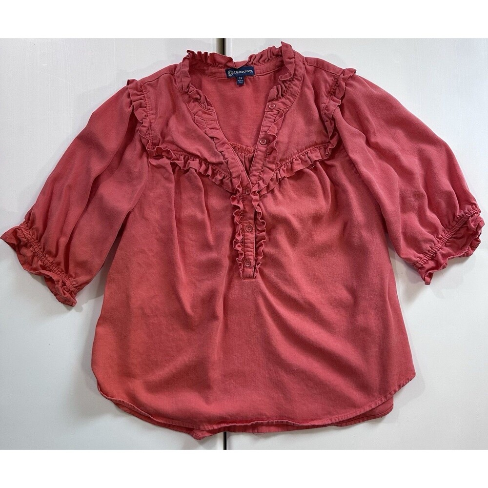 Democracy 1X Coral Ruffle Boho Blouse Peasant Top 3/4 Sleeve Plus